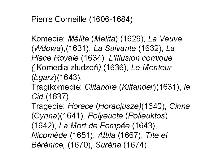 Pierre Corneille (1606 -1684) Komedie: Mélite (Melita), (1629), La Veuve (Wdowa), (1631), La Suivante