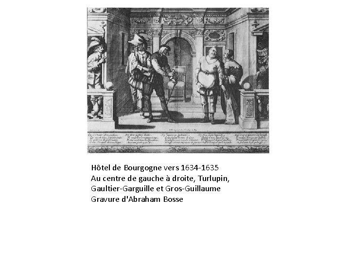Hôtel de Bourgogne vers 1634 -1635 Au centre de gauche à droite, Turlupin, Gaultier-Garguille