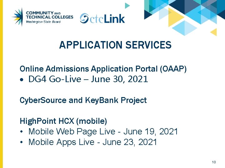 APPLICATION SERVICES Online Admissions Application Portal (OAAP) DG 4 Go-Live – June 30, 2021