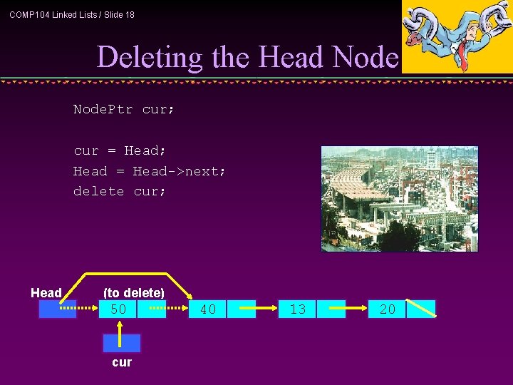 COMP 104 Linked Lists / Slide 18 Deleting the Head Node. Ptr cur; cur