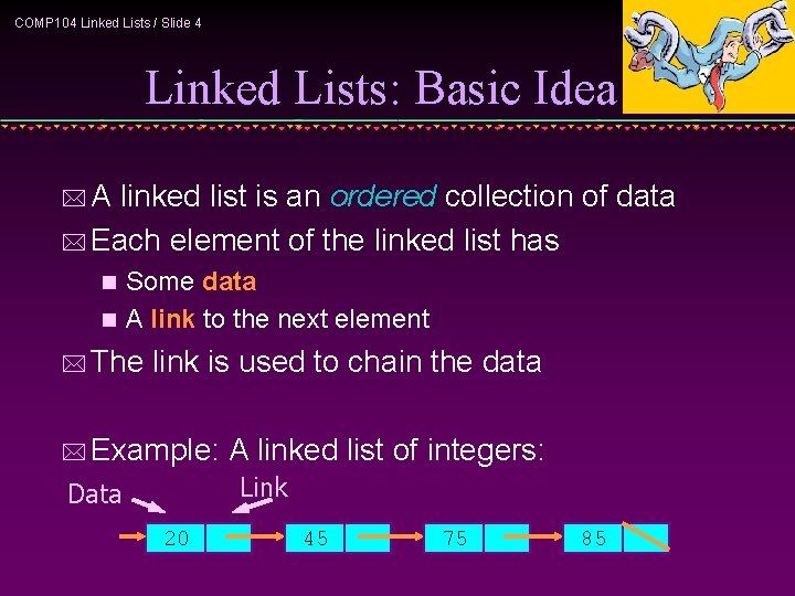 COMP 104 Linked Lists / Slide 4 Linked Lists: Basic Idea *A linked list