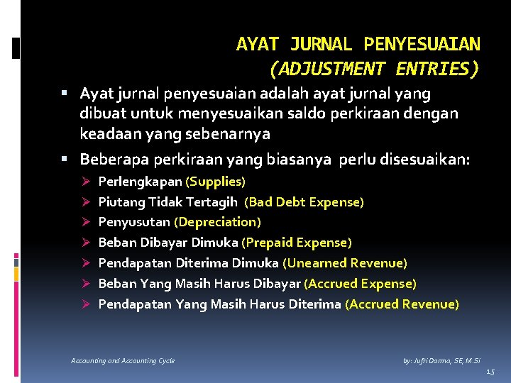 AYAT JURNAL PENYESUAIAN (ADJUSTMENT ENTRIES) Ayat jurnal penyesuaian adalah ayat jurnal yang dibuat untuk