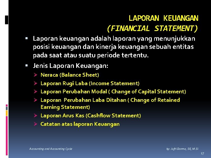 LAPORAN KEUANGAN (FINANCIAL STATEMENT) Laporan keuangan adalah laporan yang menunjukkan posisi keuangan dan kinerja