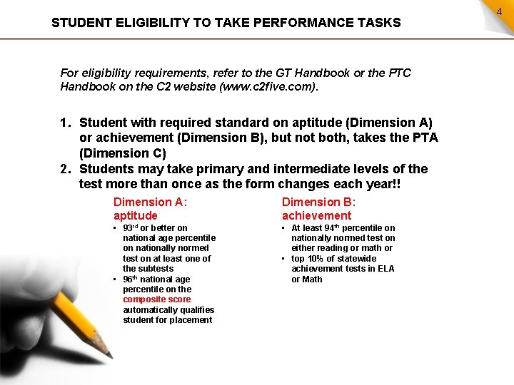 STUDENT ELIGIBILITY TO TAKE PERFORMANCE TASKS For eligibility requirements, refer to the GT Handbook