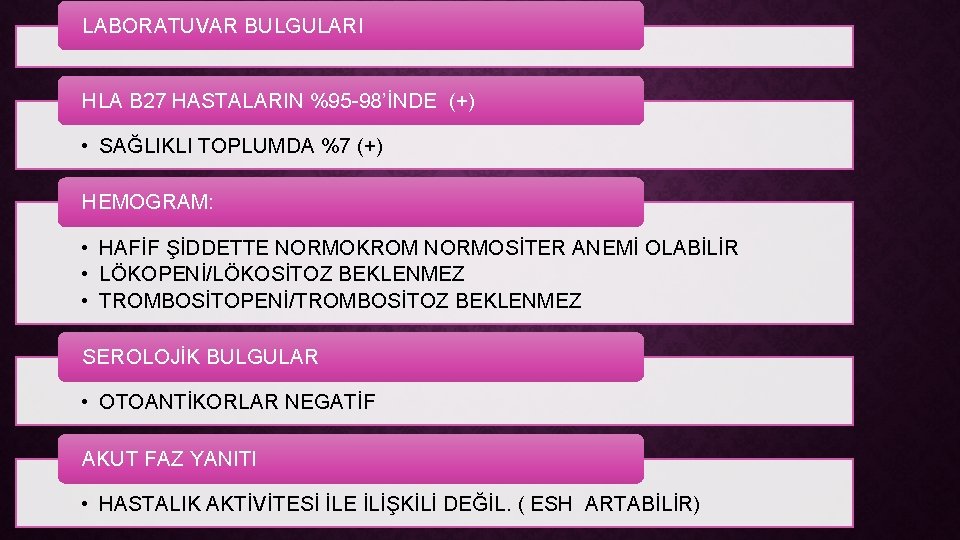 LABORATUVAR BULGULARI HLA B 27 HASTALARIN %95 -98’İNDE (+) • SAĞLIKLI TOPLUMDA %7 (+)