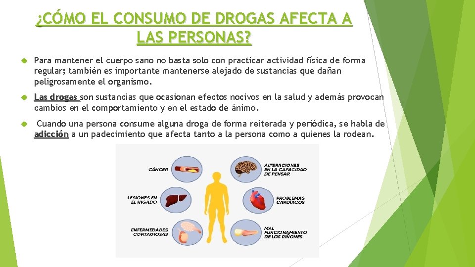 ¿CÓMO EL CONSUMO DE DROGAS AFECTA A LAS PERSONAS? Para mantener el cuerpo sano