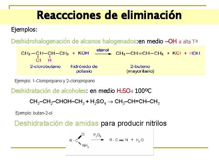 Reaccciones de eliminación Ejemplos: Deshidrohalogenación de alcanos halogenados: en medio –OH Ejemplo: 1 -Cloropropano