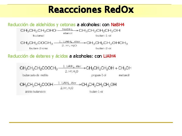 Reaccciones Red. Ox Reducción de aldehídos y cetonas a alcoholes: con Na. BH 4