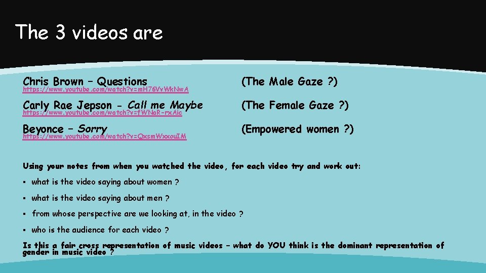 The 3 videos are Chris Brown – Questions (The Male Gaze ? ) Carly