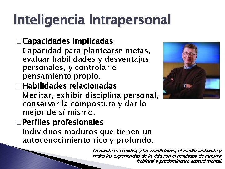 Inteligencia Intrapersonal � Capacidades implicadas Capacidad para plantearse metas, evaluar habilidades y desventajas personales,