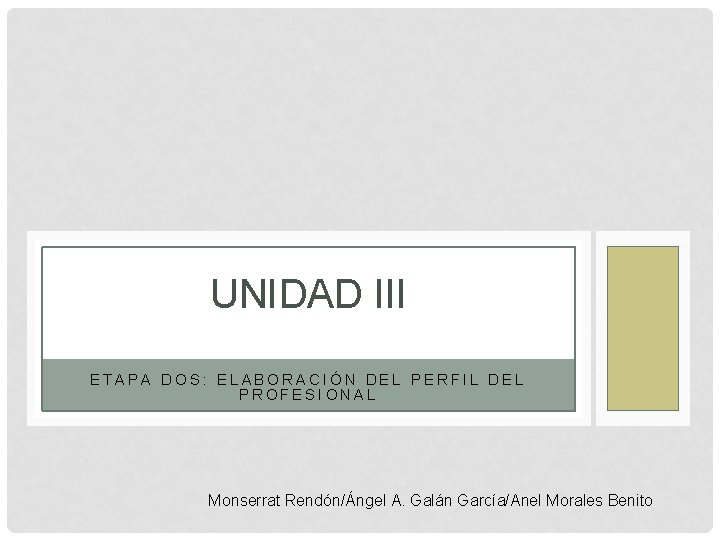 UNIDAD III ETAPA DOS: ELABORACIÓN DEL PERFIL DEL PROFESIONAL Monserrat Rendón/Ángel A. Galán García/Anel