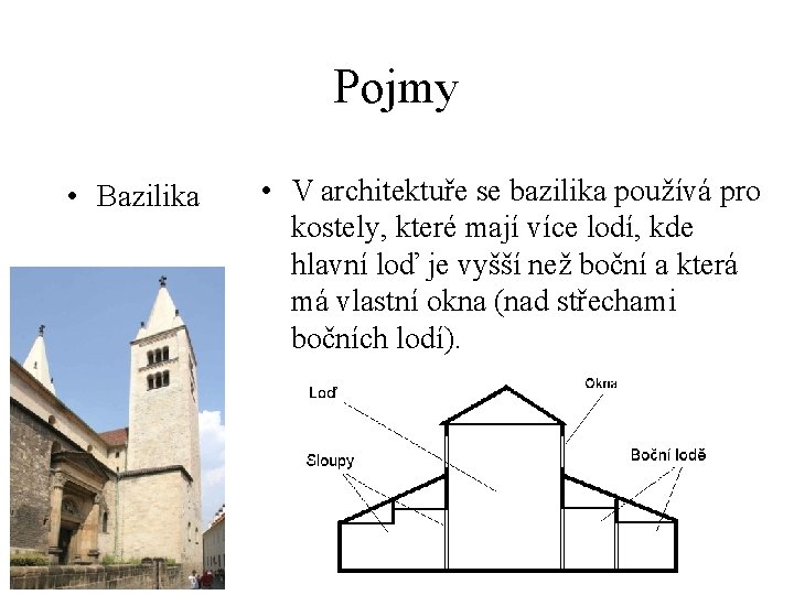 Pojmy • Bazilika • V architektuře se bazilika používá pro kostely, které mají více