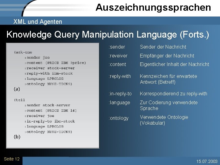 Auszeichnungssprachen XML und Agenten Knowledge Query Manipulation Language (Forts. ) Seite 12 : sender