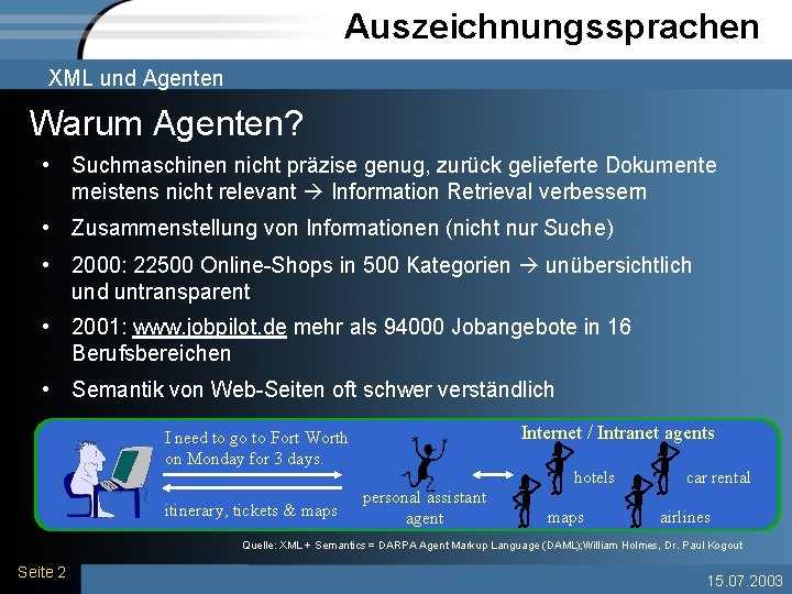 Auszeichnungssprachen XML und Agenten Warum Agenten? • Suchmaschinen nicht präzise genug, zurück gelieferte Dokumente