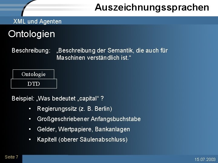 Auszeichnungssprachen XML und Agenten Ontologien Beschreibung: „Beschreibung der Semantik, die auch für Maschinen verständlich