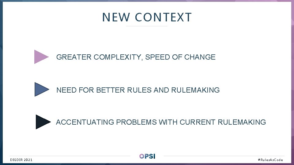 NEW CONTEXT 01 02 03 GREATER COMPLEXITY, SPEED OF CHANGE NEED FOR BETTER RULES