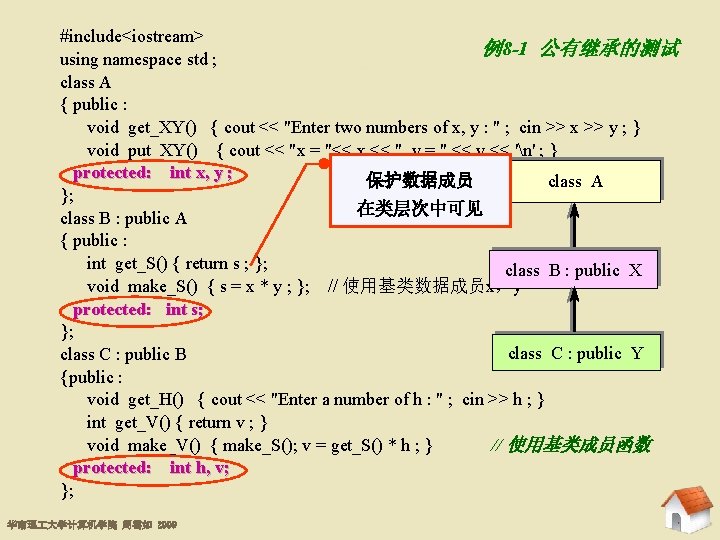 #include<iostream> 例8 -1 公有继承的测试 using namespace std ; class A { public : void