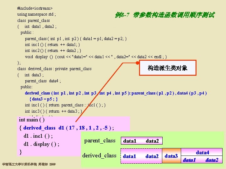 #include<iostream> using namespace std ; 例8 -7 带参数构造函数调用顺序测试 class parent_class { int data 1