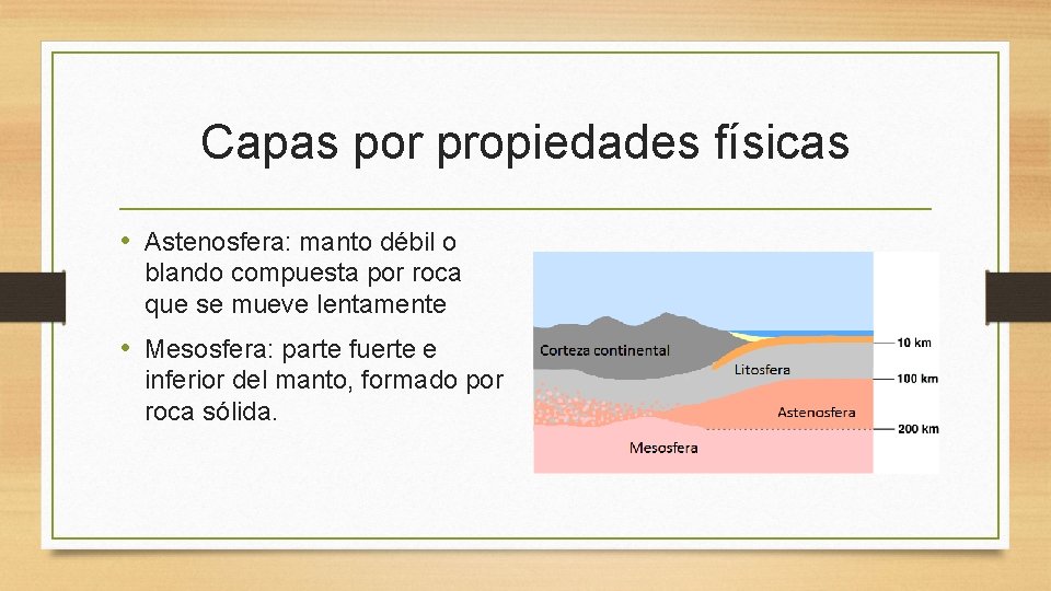 Capas por propiedades físicas • Astenosfera: manto débil o blando compuesta por roca que