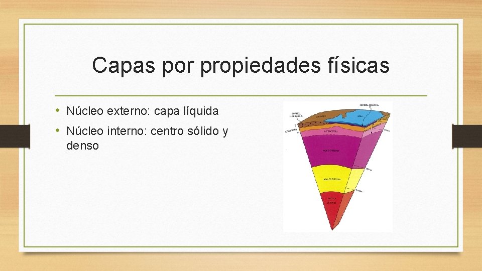 Capas por propiedades físicas • Núcleo externo: capa líquida • Núcleo interno: centro sólido