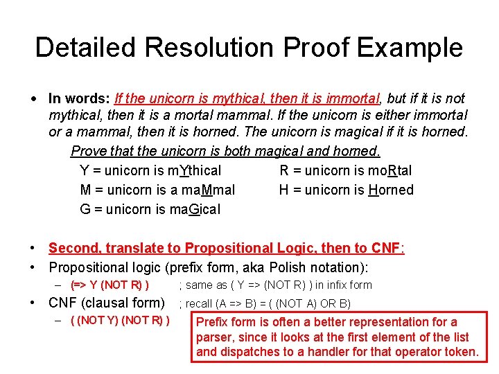 Detailed Resolution Proof Example • In words: If the unicorn is mythical, then it