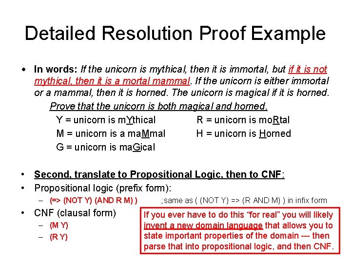 Detailed Resolution Proof Example • In words: If the unicorn is mythical, then it