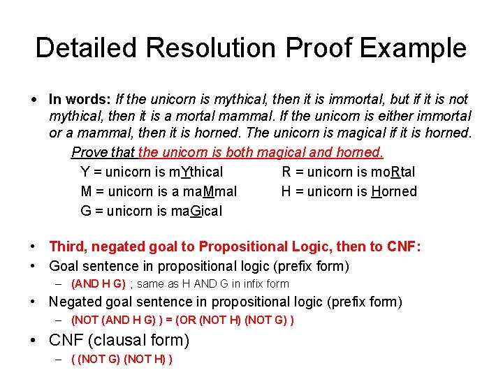 Detailed Resolution Proof Example • In words: If the unicorn is mythical, then it