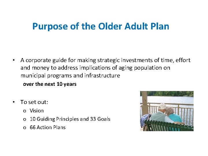 Purpose of the Plan Purpose of the Older Adult Plan • A corporate guide