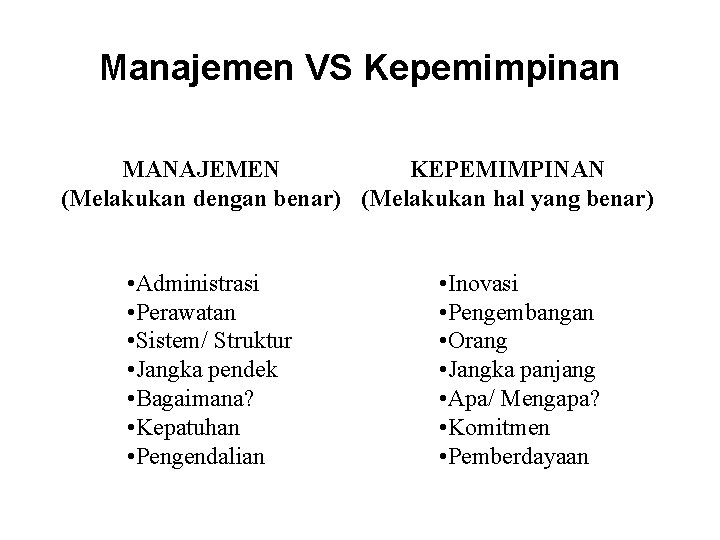 Manajemen VS Kepemimpinan MANAJEMEN KEPEMIMPINAN (Melakukan dengan benar) (Melakukan hal yang benar) • Administrasi