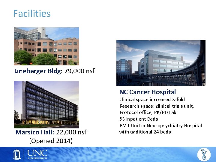 Facilities Lineberger Bldg: 79, 000 nsf NC Cancer Hospital Marsico Hall: 22, 000 nsf