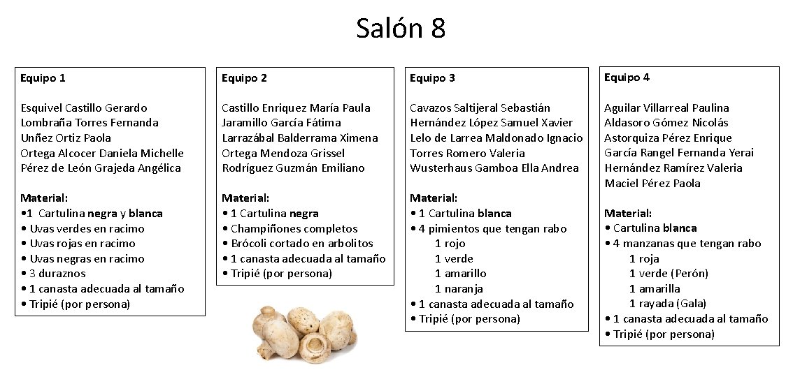 Salón 8 Equipo 1 Equipo 2 Equipo 3 Equipo 4 Esquivel Castillo Gerardo Lombraña