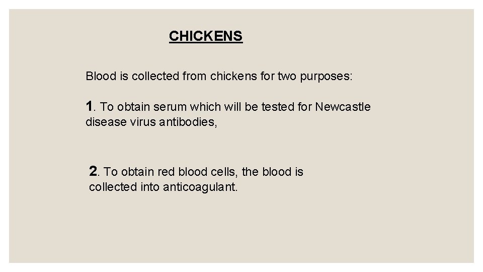 CHICKENS Blood is collected from chickens for two purposes: 1. To obtain serum which