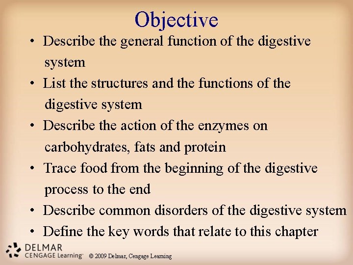 Objective • Describe the general function of the digestive system • List the structures