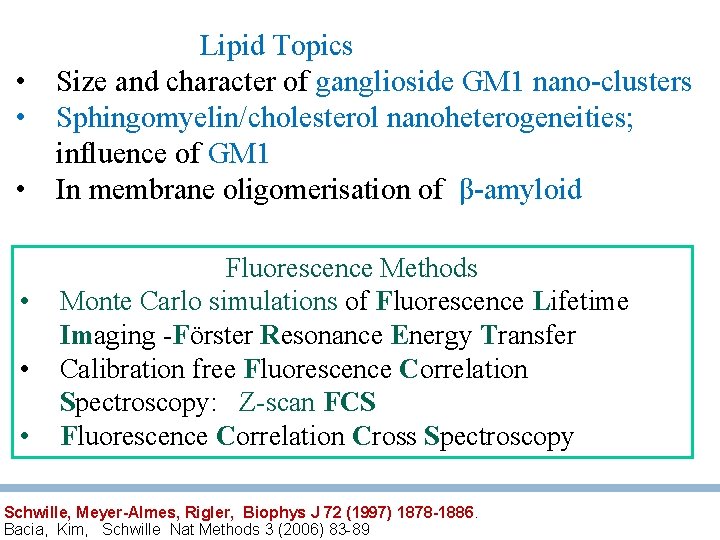 Lipid Topics • Size and character of ganglioside GM 1 nano-clusters • Sphingomyelin/cholesterol nanoheterogeneities;