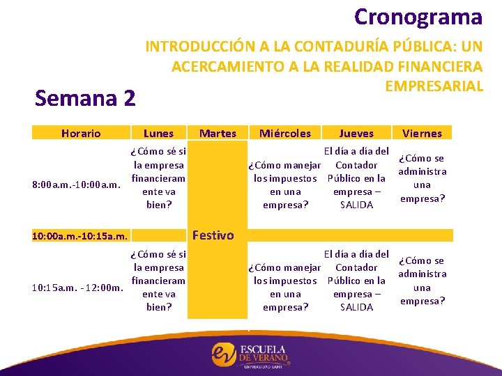 Cronograma Semana 2 Horario 8: 00 a. m. -10: 00 a. m. INTRODUCCIÓN A