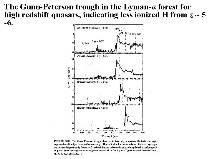 The Gunn-Peterson trough in the Lyman-α forest for high redshift quasars, indicating less ionized