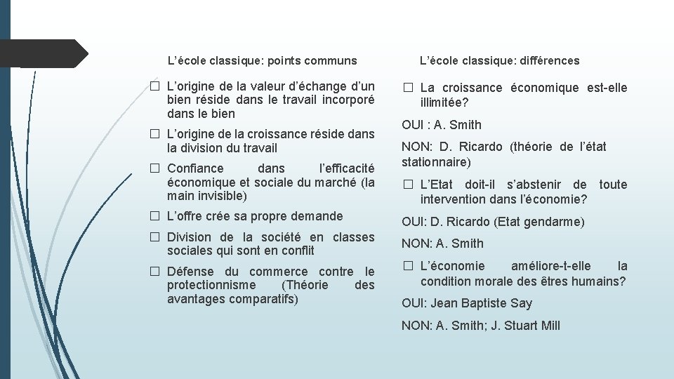 L’école classique: points communs � L’origine de la valeur d’échange d’un bien réside dans