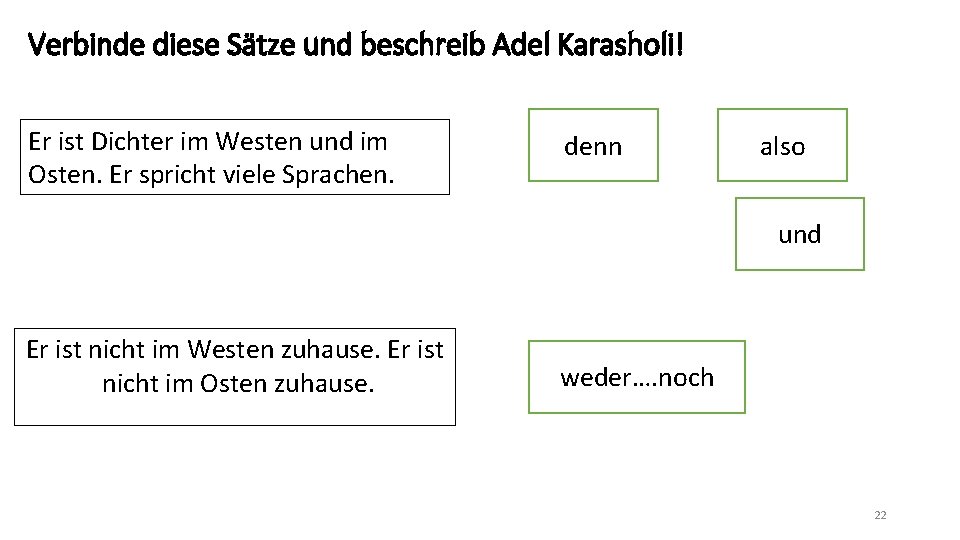 Verbinde diese Sätze und beschreib Adel Karasholi! Er ist Dichter im Westen und im