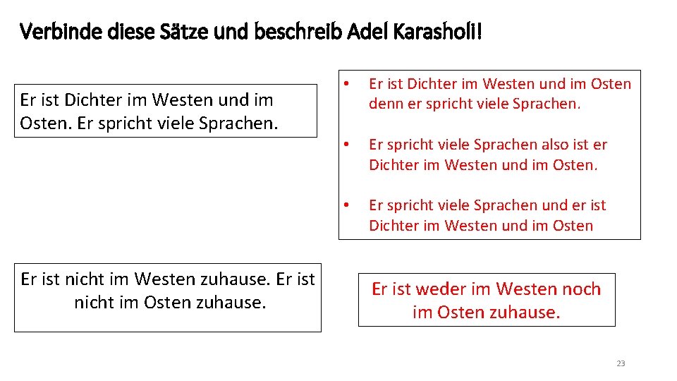 Verbinde diese Sätze und beschreib Adel Karasholi! Er ist Dichter im Westen und im