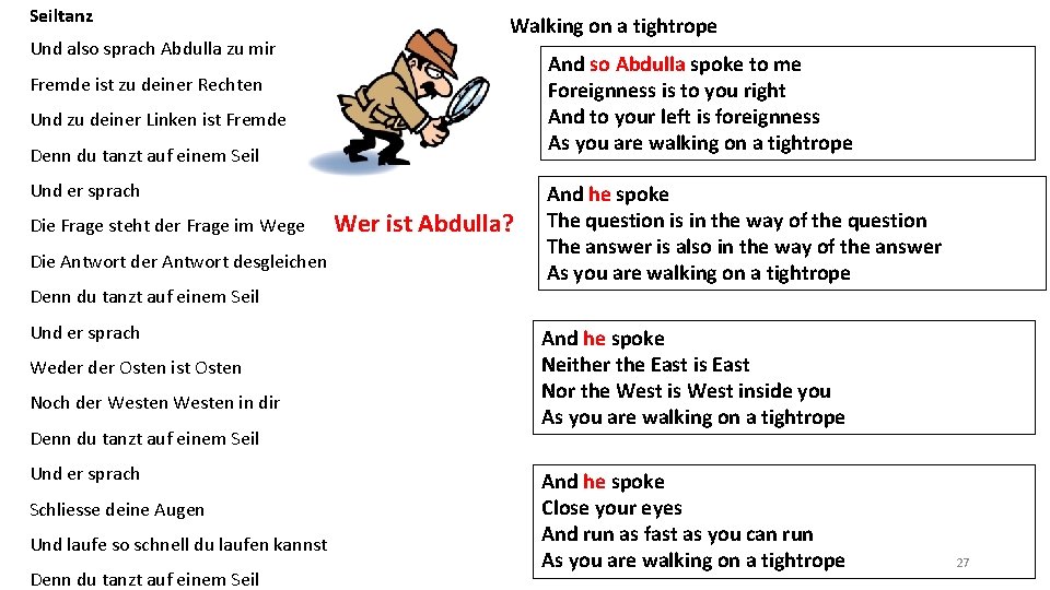 Seiltanz Und also sprach Abdulla zu mir Walking on a tightrope And so Abdulla