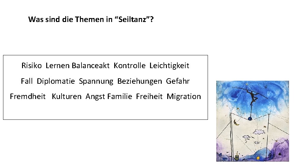 Was sind die Themen in “Seiltanz”? Risiko Lernen Balanceakt Kontrolle Leichtigkeit Fall Diplomatie Spannung