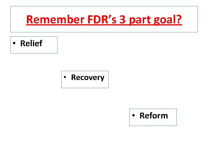 Remember FDR’s 3 part goal? • Relief • Recovery • Reform Remember FDR’s 3 part goal? • Relief • Recovery • Reform