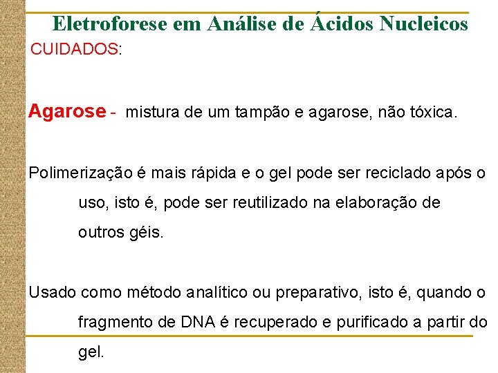 Eletroforese em Análise de Ácidos Nucleicos CUIDADOS: Agarose - mistura de um tampão e