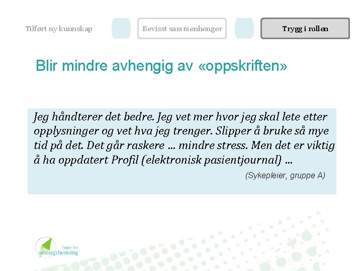 Tilført ny kunnskap Bevisst sammenhenger Trygg i rollen Blir mindre avhengig av «oppskriften» Jeg