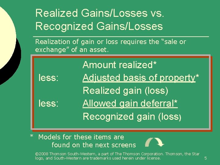 Realized Gains/Losses vs. Recognized Gains/Losses Realization of gain or loss requires the “sale or