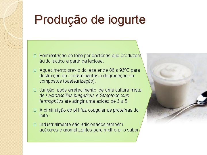 Produção de iogurte � Fermentação do leite por bactérias que produzem ácido láctico a
