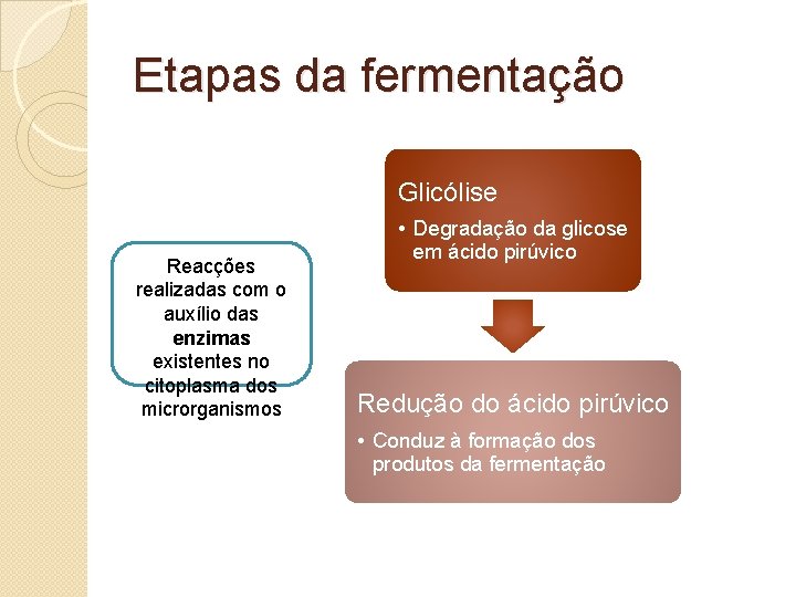 Etapas da fermentação Glicólise Reacções realizadas com o auxílio das enzimas existentes no citoplasma