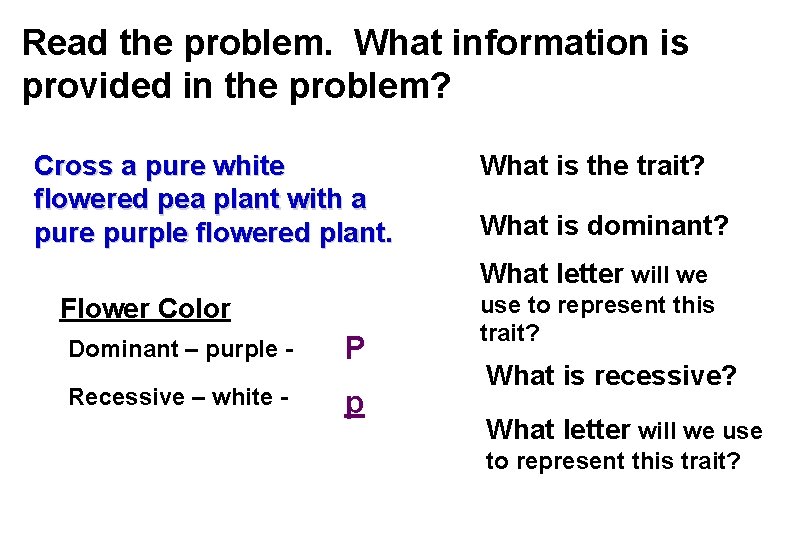 Read the problem. What information is provided in the problem? Cross a pure white