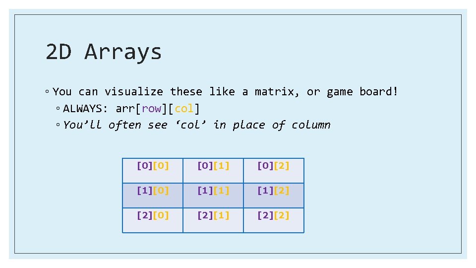 2 D Arrays ◦ You can visualize these like a matrix, or game board!