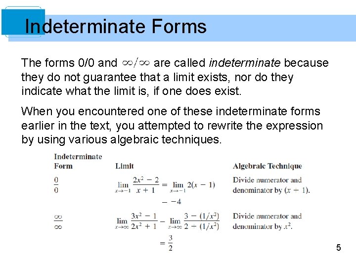 Indeterminate Forms The forms 0/0 and are called indeterminate because they do not guarantee